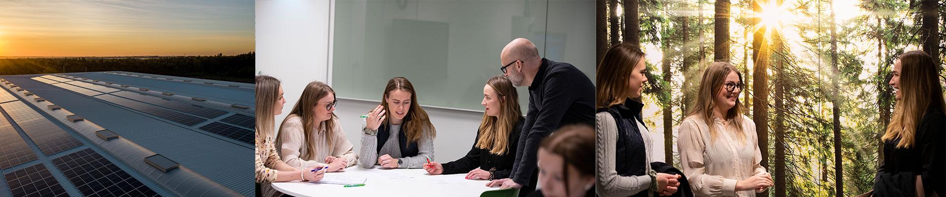 Tre olika bilder. Den första föreställer solceller i solnedgång. den ndra är en lärare och tre studenttjejer och den tredje är tre tjejer som står i en skog och pratar.