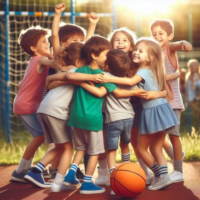  AI-generad bild på barn som gruppkramas på idrottsplan.