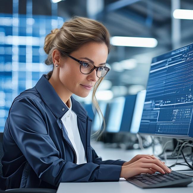 En AI skapad bild på en kvinna som arbetar vid en dator