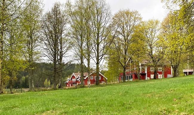 Röda hus i grönska med träd i förgrunden.